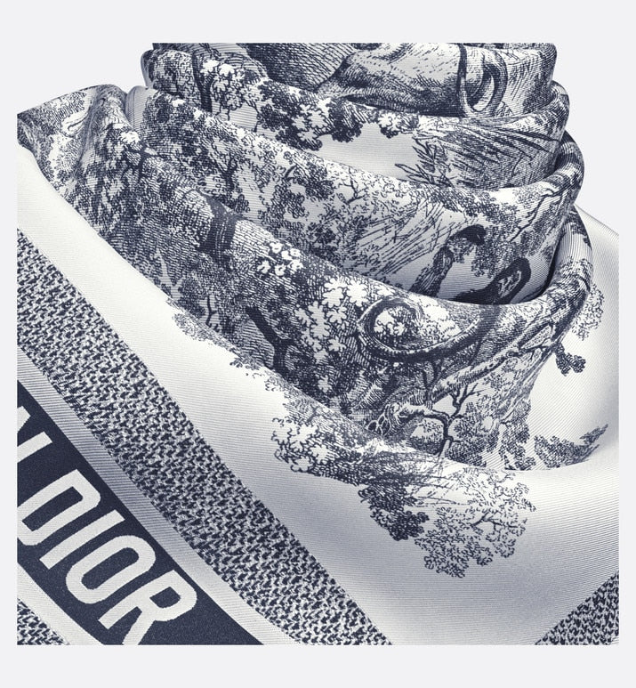 Toile de Jouy Sauvage 90 Square Scarf • Ivory and Navy Blue Silk Twill