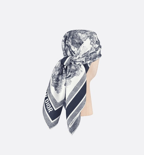 Toile de Jouy Sauvage 90 Square Scarf • Ivory and Navy Blue Silk Twill