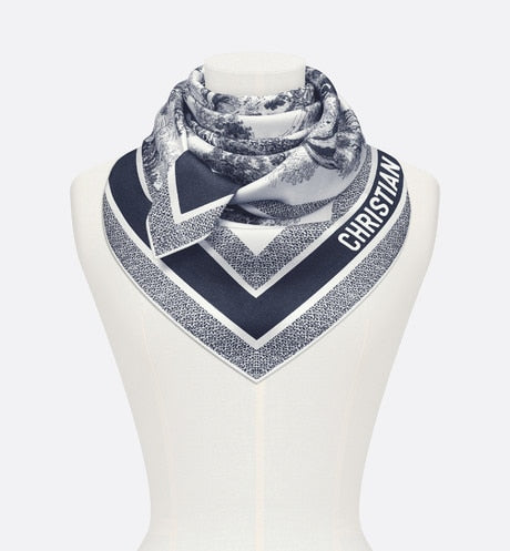 Toile de Jouy Sauvage 90 Square Scarf • Ivory and Navy Blue Silk Twill