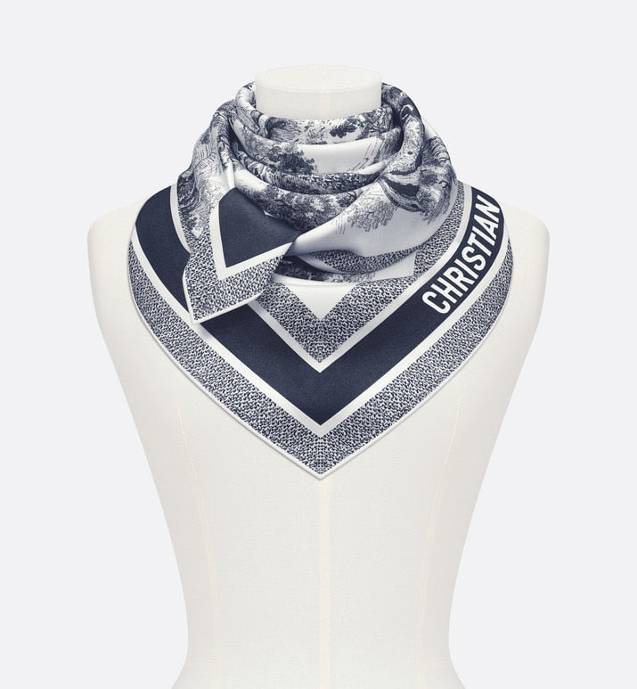 Toile de Jouy Sauvage 90 Square Scarf • Ivory and Navy Blue Silk Twill