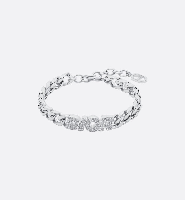 Dior Italic Chain Link Bracelet • Silver-Finish Brass and White Crystals