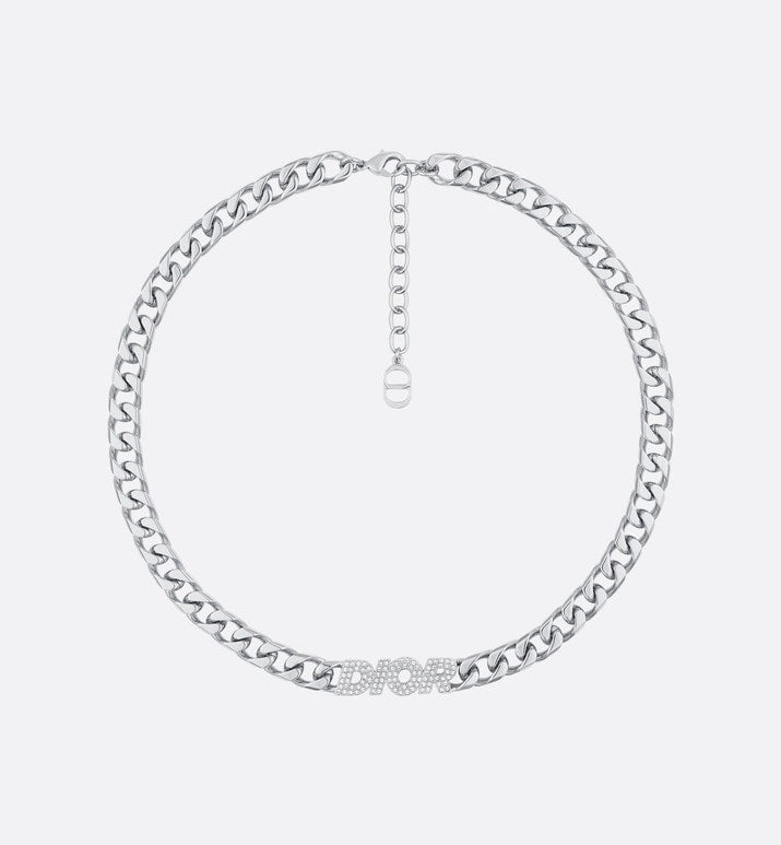 Dior Italic Chain Link Necklace • Silver-Finish Brass and White Crystals