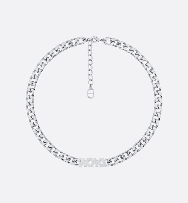 Dior Italic Chain Link Necklace • Silver-Finish Brass and White Crystals