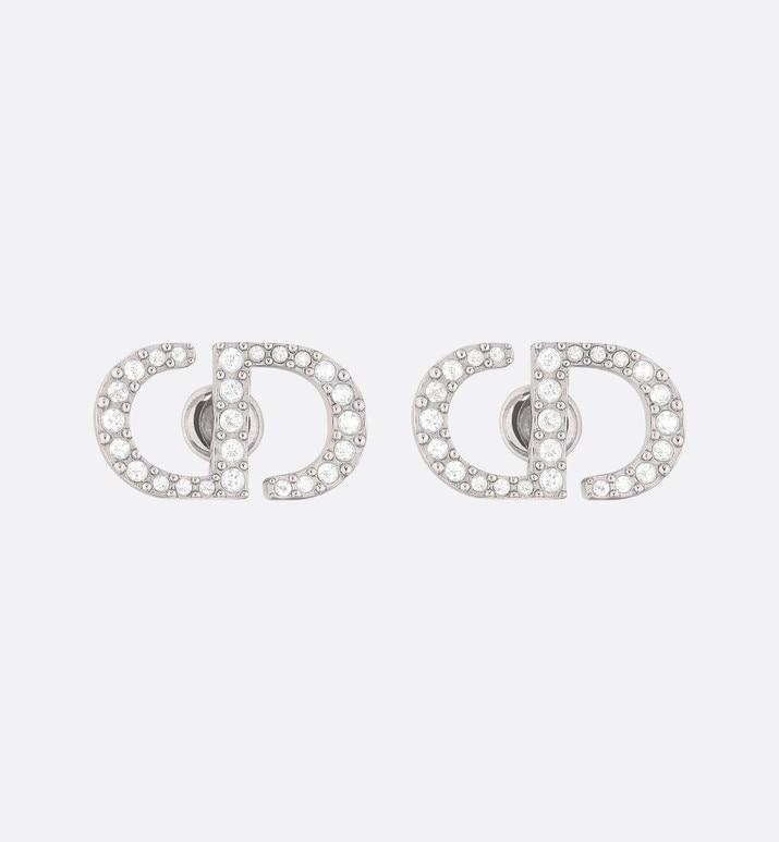 Petit CD Stud Earrings • Palladium-Finish Metal and White Crystals