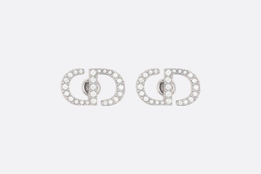 Petit CD Stud Earrings • Palladium-Finish Metal and White Crystals