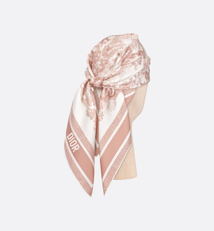 Toile de Jouy Sauvage 90 Square Scarf • Ivory and Pink Silk Twill
