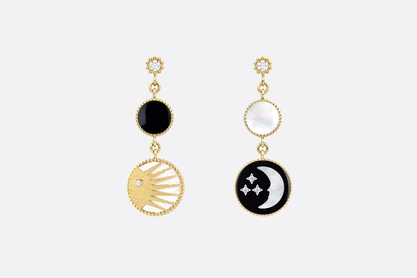 Rose Des Vents and Rose Céleste Earrings • Yellow and White Gold, Diamond, Mother-of-Pearl and Onyx