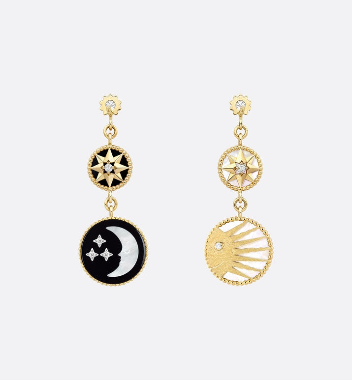 Rose Des Vents and Rose Céleste Earrings • Yellow and White Gold, Diamond, Mother-of-Pearl and Onyx