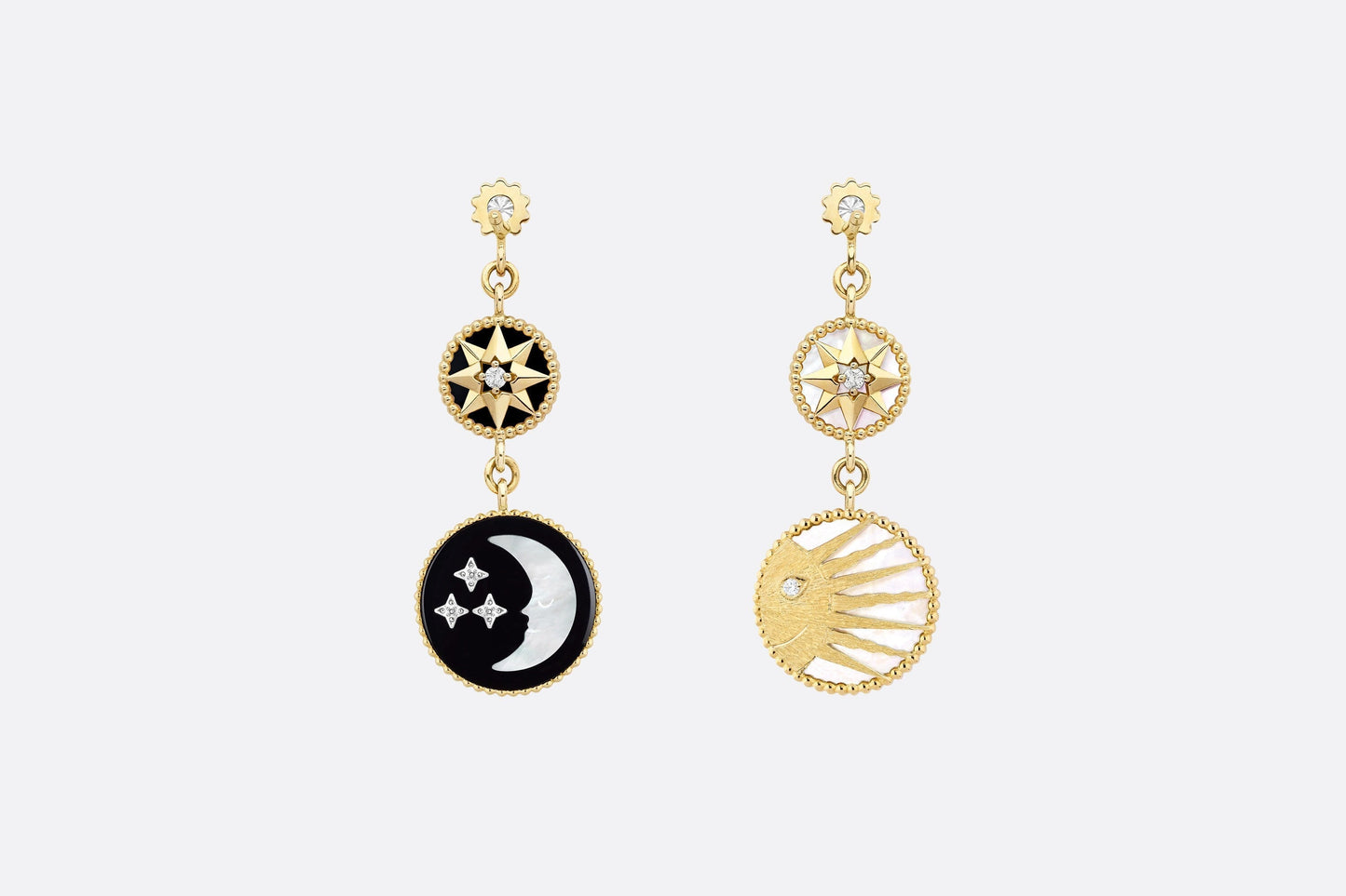 Rose Des Vents and Rose Céleste Earrings • Yellow and White Gold, Diamond, Mother-of-Pearl and Onyx