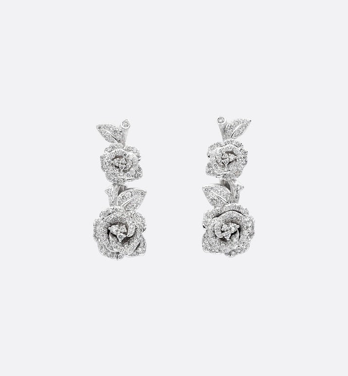 Large Rose Dior Bagatelle Earrings • 18K White Gold and Diamonds