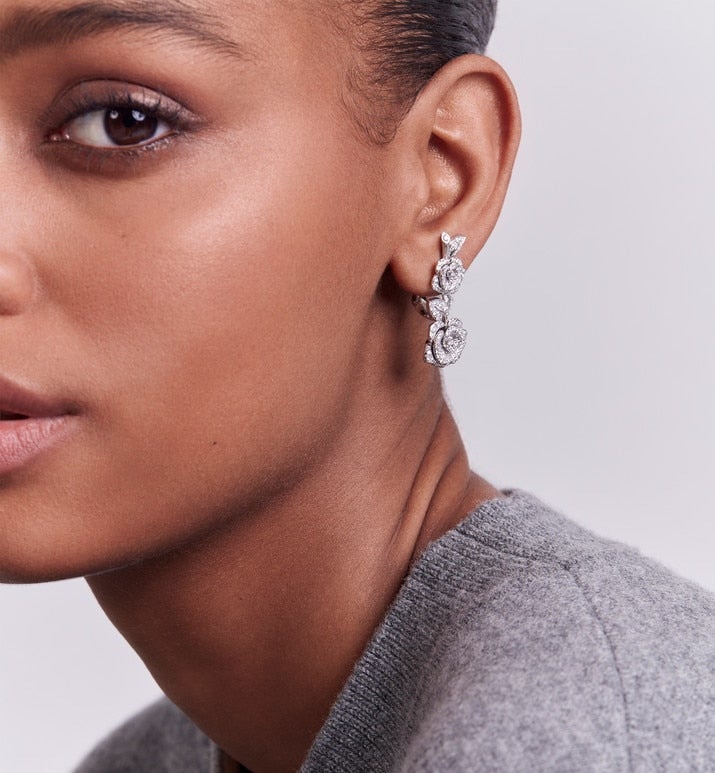 Large Rose Dior Bagatelle Earrings • 18K White Gold and Diamonds