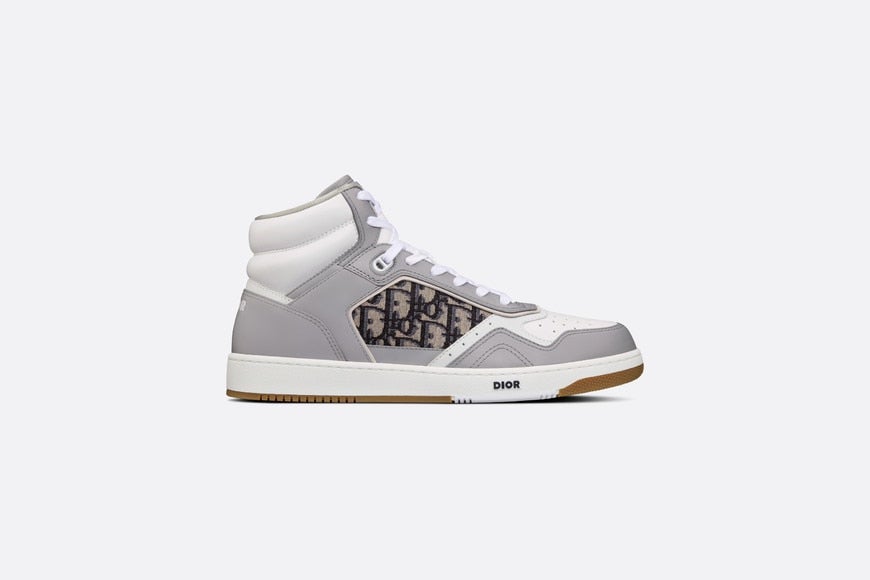 B27 High-Top Sneaker • Gray and White Smooth Calfskin with Beige and Black Dior Oblique Jacquard