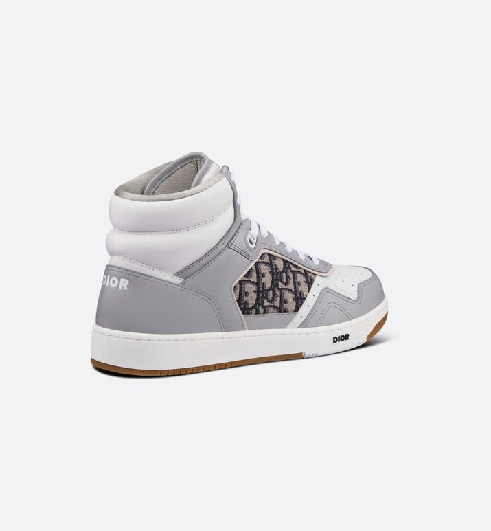 B27 High-Top Sneaker • Gray and White Smooth Calfskin with Beige and Black Dior Oblique Jacquard