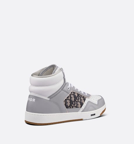 B27 High-Top Sneaker • Gray and White Smooth Calfskin with Beige and Black Dior Oblique Jacquard