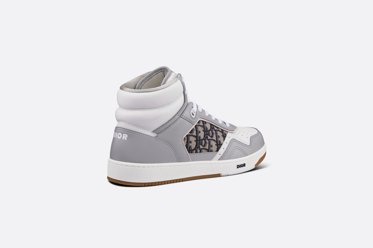 B27 High-Top Sneaker • Gray and White Smooth Calfskin with Beige and Black Dior Oblique Jacquard