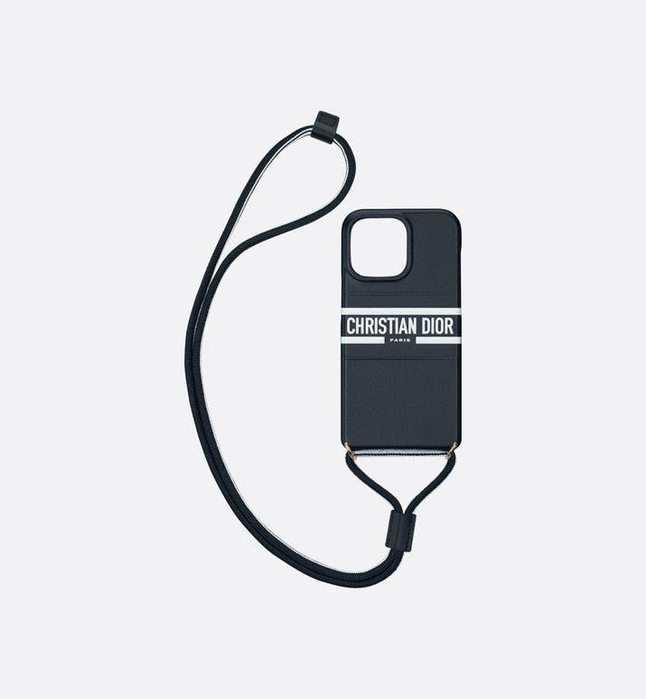 Dior Vibe Cover for iPhone 13 Pro with Cord • Blue Calfskin