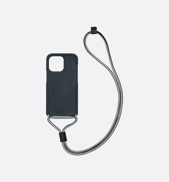 Dior Vibe Cover for iPhone 13 Pro with Cord • Blue Calfskin