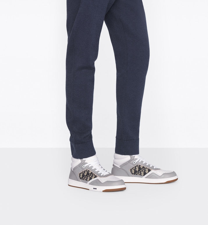 B27 High-Top Sneaker • Gray and White Smooth Calfskin with Beige and Black Dior Oblique Jacquard