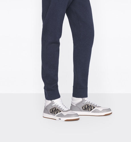 B27 High-Top Sneaker • Gray and White Smooth Calfskin with Beige and Black Dior Oblique Jacquard