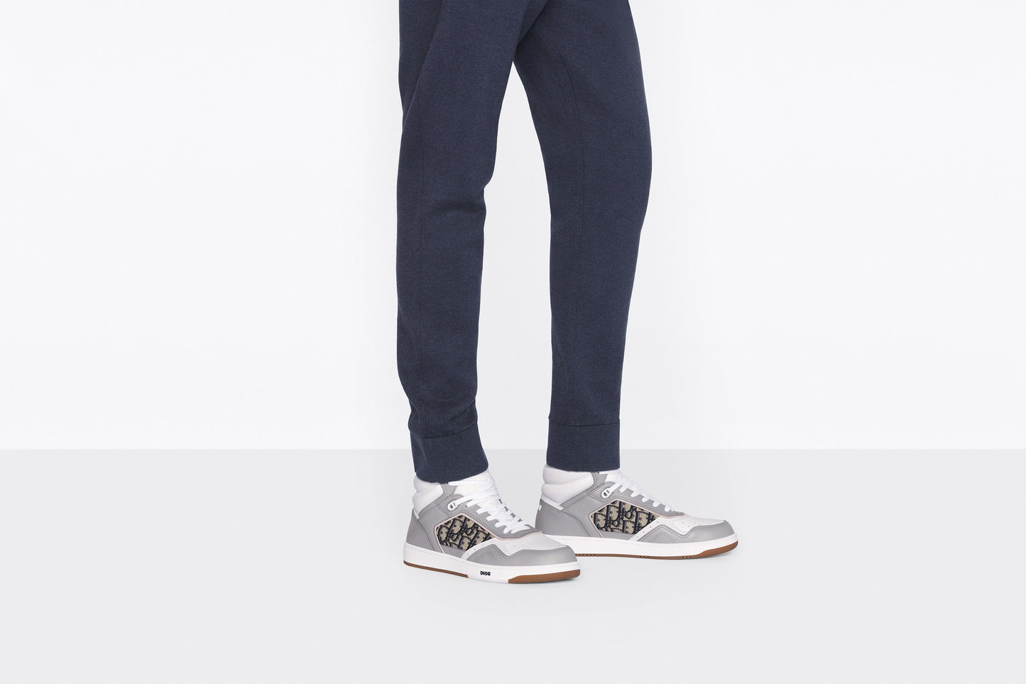 B27 High-Top Sneaker • Gray and White Smooth Calfskin with Beige and Black Dior Oblique Jacquard