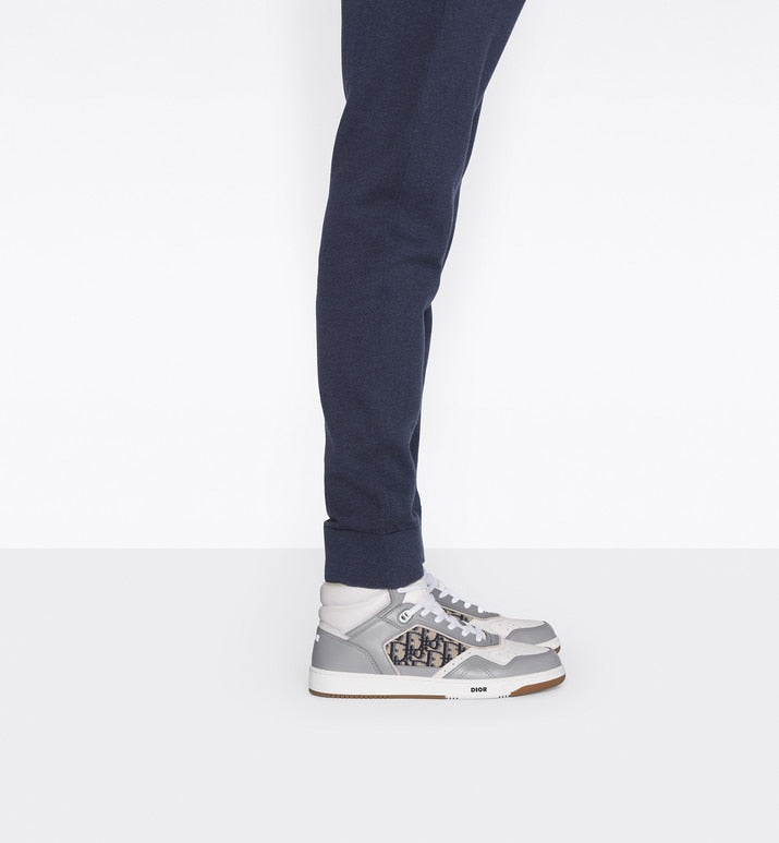 B27 High-Top Sneaker • Gray and White Smooth Calfskin with Beige and Black Dior Oblique Jacquard