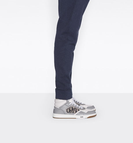 B27 High-Top Sneaker • Gray and White Smooth Calfskin with Beige and Black Dior Oblique Jacquard