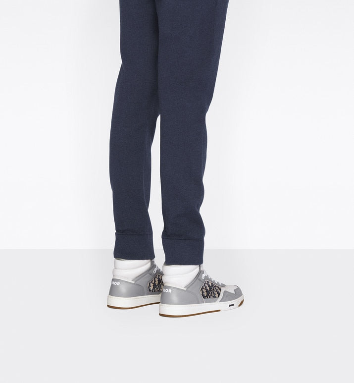 B27 High-Top Sneaker • Gray and White Smooth Calfskin with Beige and Black Dior Oblique Jacquard