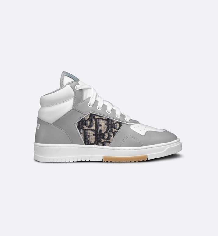 B27 Kid's High-Top Sneaker • Gray and White Smooth Calfskin with Beige and Black Dior Oblique Jacquard