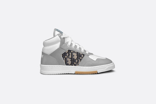 B27 Kid's High-Top Sneaker • Gray and White Smooth Calfskin with Beige and Black Dior Oblique Jacquard