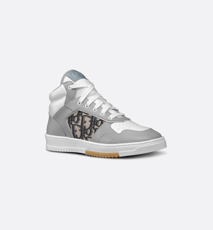 B27 Kid's High-Top Sneaker • Gray and White Smooth Calfskin with Beige and Black Dior Oblique Jacquard