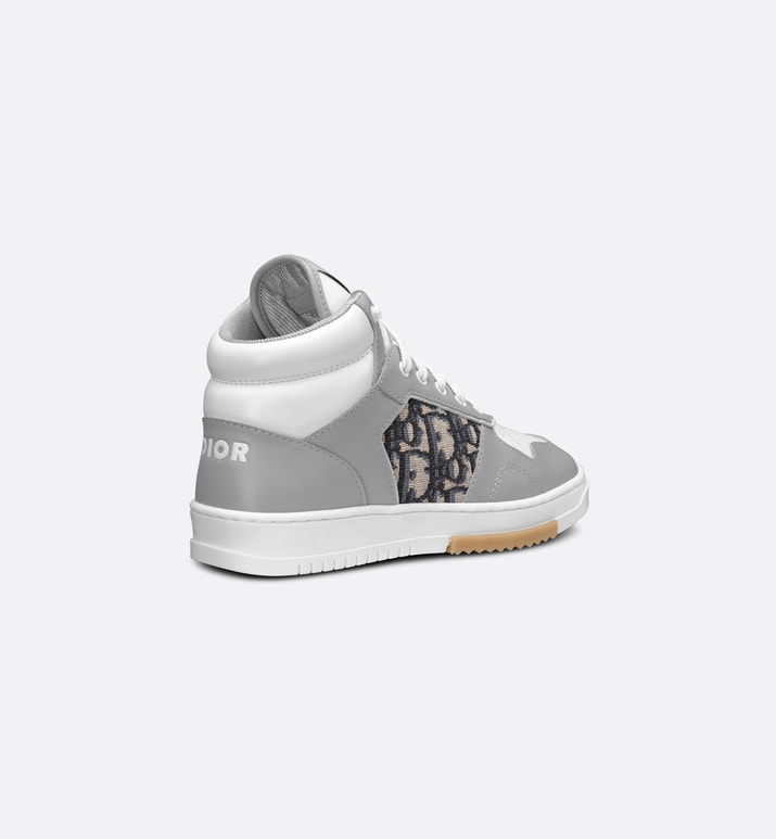 B27 Kid's High-Top Sneaker • Gray and White Smooth Calfskin with Beige and Black Dior Oblique Jacquard