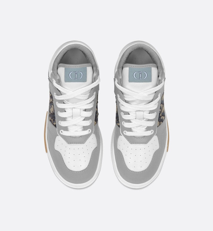 B27 Kid's High-Top Sneaker • Gray and White Smooth Calfskin with Beige and Black Dior Oblique Jacquard