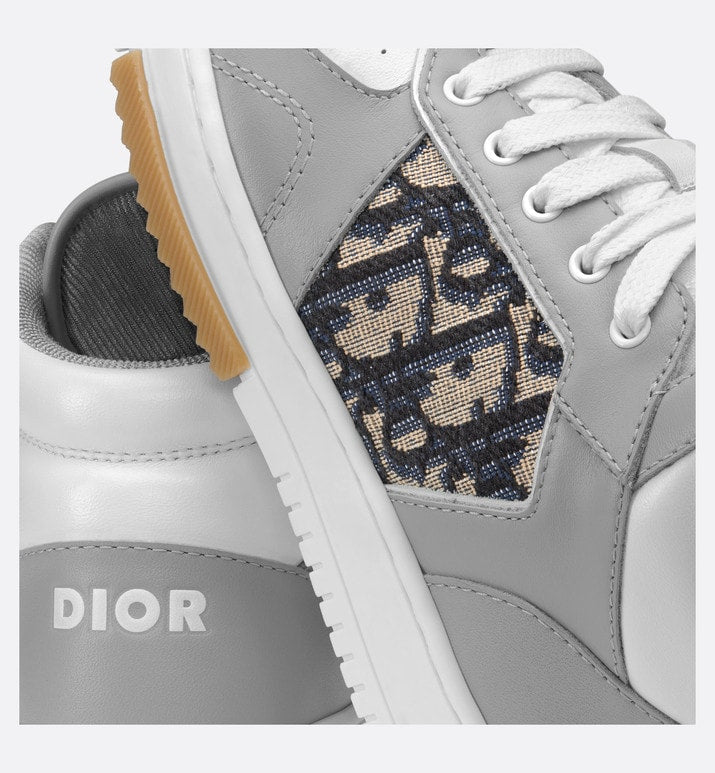 B27 Kid's High-Top Sneaker • Gray and White Smooth Calfskin with Beige and Black Dior Oblique Jacquard