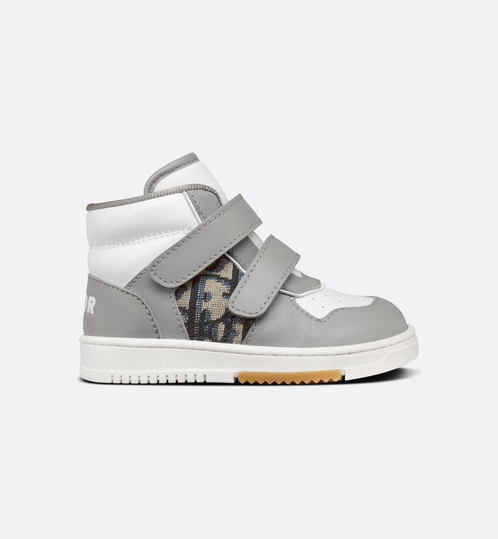 B27 Baby High-Top Sneaker • Gray and White Smooth Calfskin with Beige and Black Dior Oblique Jacquard