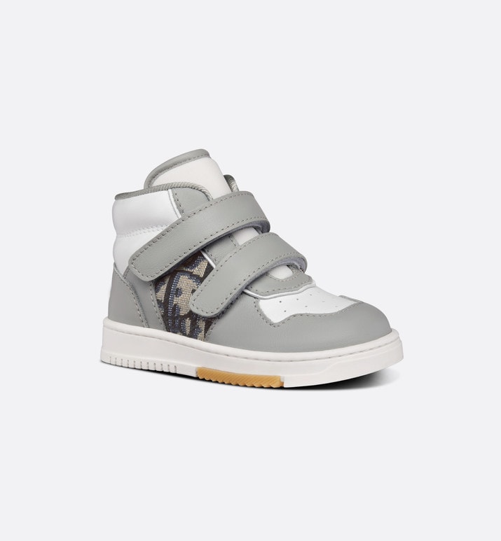 B27 Baby High-Top Sneaker • Gray and White Smooth Calfskin with Beige and Black Dior Oblique Jacquard