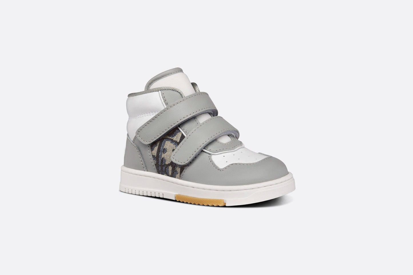 B27 Baby High-Top Sneaker • Gray and White Smooth Calfskin with Beige and Black Dior Oblique Jacquard