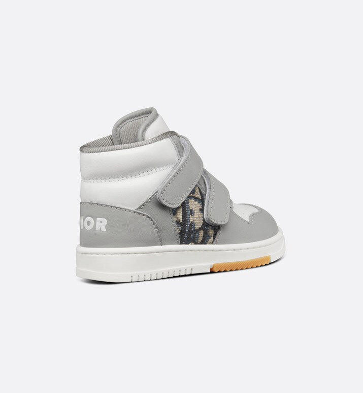 B27 Baby High-Top Sneaker • Gray and White Smooth Calfskin with Beige and Black Dior Oblique Jacquard