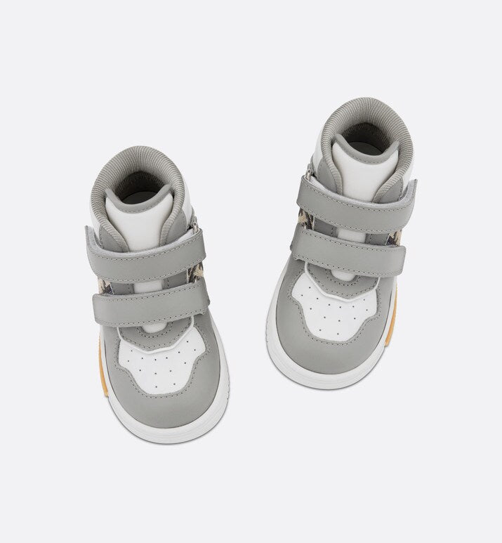 B27 Baby High-Top Sneaker • Gray and White Smooth Calfskin with Beige and Black Dior Oblique Jacquard