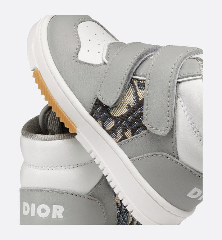 B27 Baby High-Top Sneaker • Gray and White Smooth Calfskin with Beige and Black Dior Oblique Jacquard