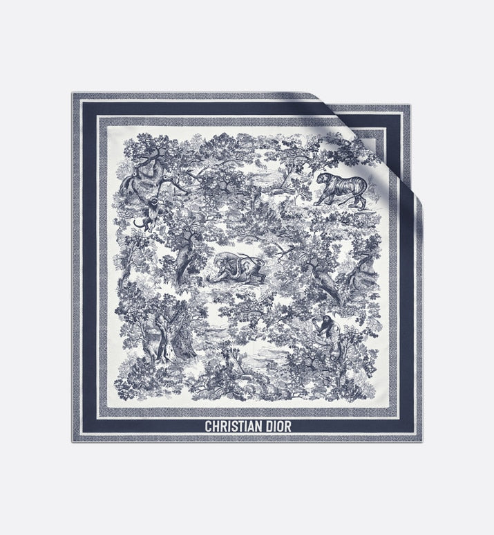 Toile de Jouy Sauvage 90 Square Scarf • Ivory and Navy Blue Silk Twill