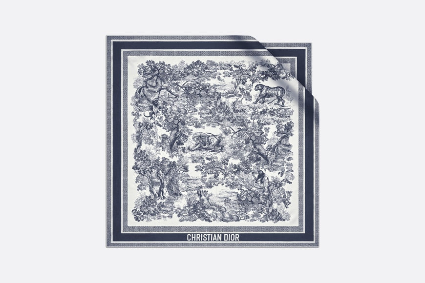 Toile de Jouy Sauvage 90 Square Scarf • Ivory and Navy Blue Silk Twill