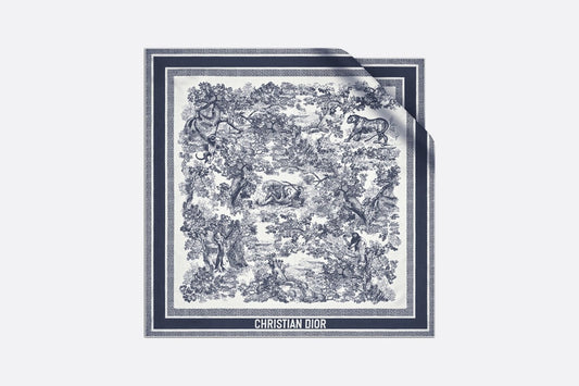 Toile de Jouy Sauvage 90 Square Scarf • Ivory and Navy Blue Silk Twill