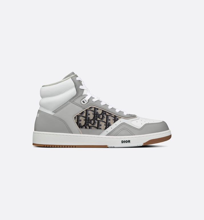 B27 High-Top Sneaker • Gray and White Smooth Calfskin with Beige and Black Dior Oblique Jacquard
