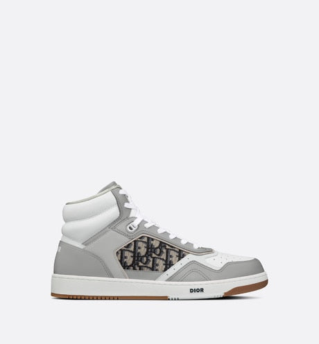 B27 High-Top Sneaker • Gray and White Smooth Calfskin with Beige and Black Dior Oblique Jacquard
