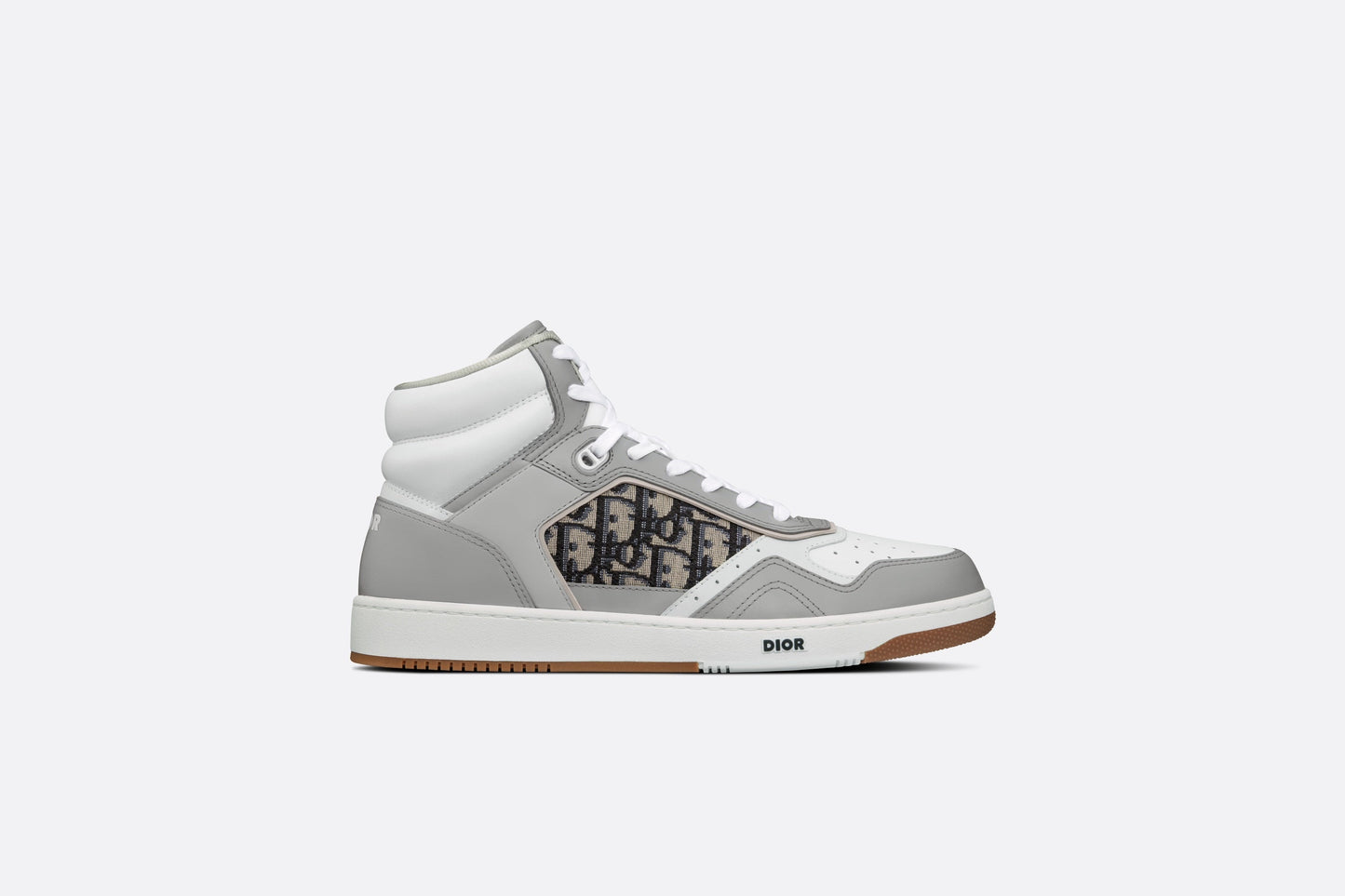 B27 High-Top Sneaker • Gray and White Smooth Calfskin with Beige and Black Dior Oblique Jacquard