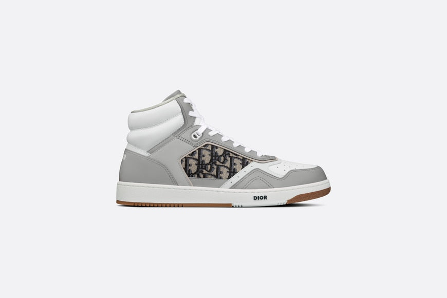 B27 High-Top Sneaker • Gray and White Smooth Calfskin with Beige and Black Dior Oblique Jacquard