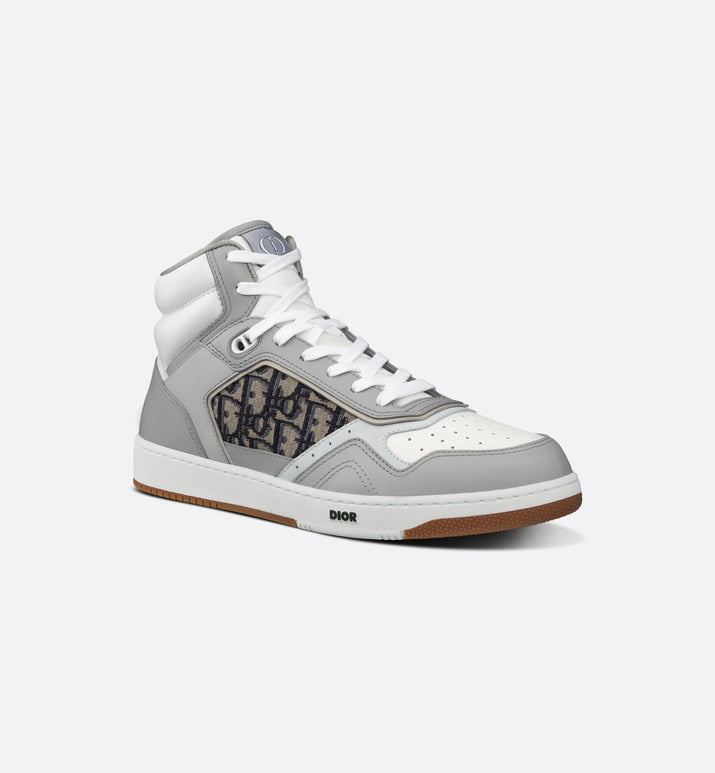 B27 High-Top Sneaker • Gray and White Smooth Calfskin with Beige and Black Dior Oblique Jacquard