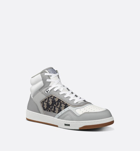 B27 High-Top Sneaker • Gray and White Smooth Calfskin with Beige and Black Dior Oblique Jacquard