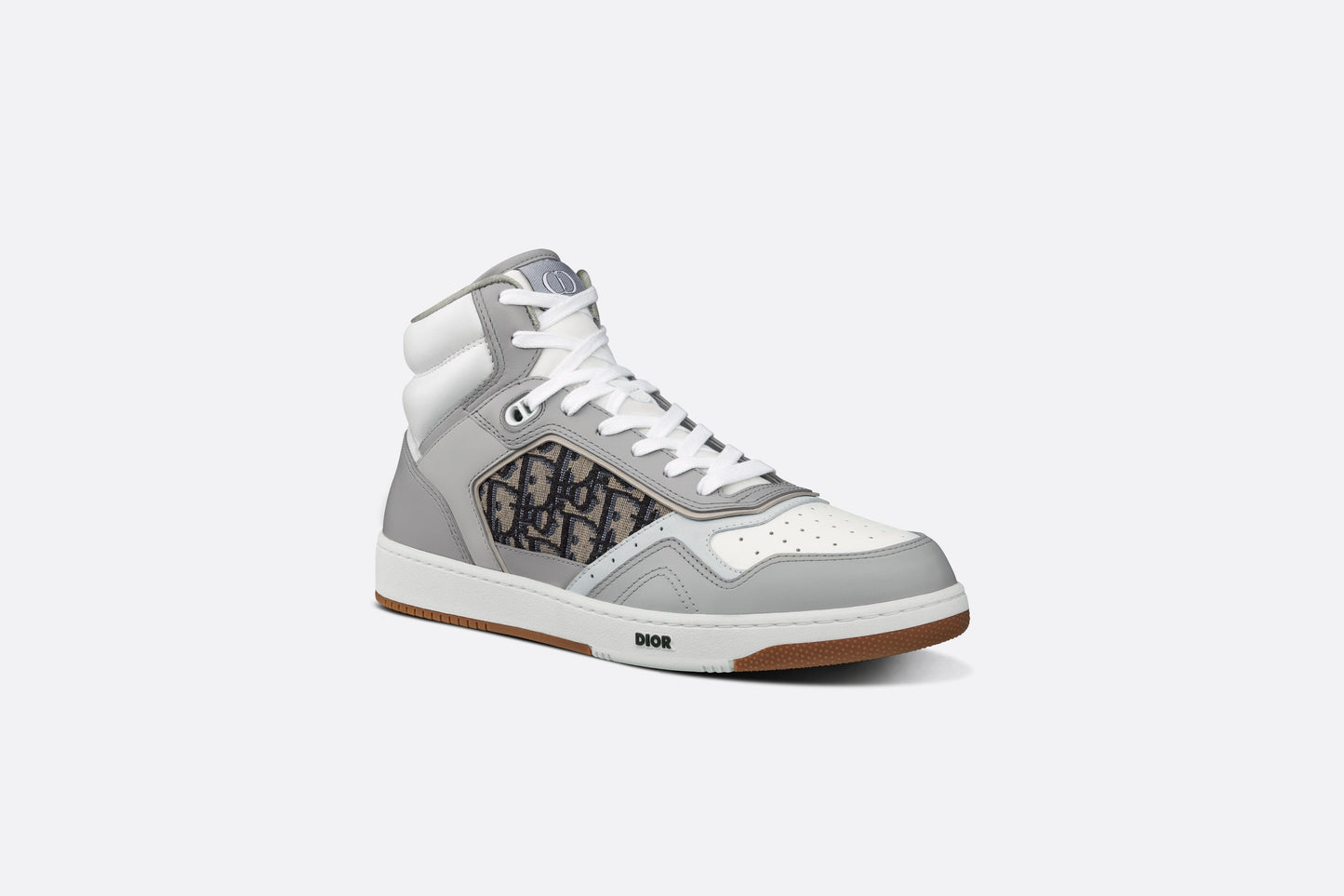 B27 High-Top Sneaker • Gray and White Smooth Calfskin with Beige and Black Dior Oblique Jacquard