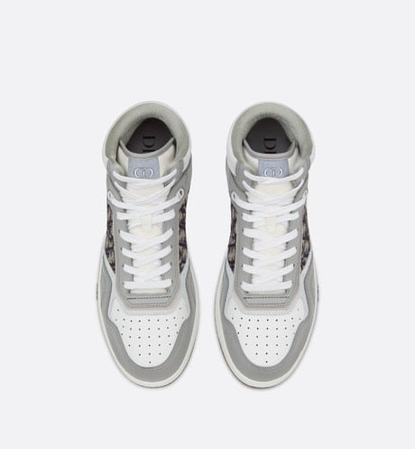 B27 High-Top Sneaker • Gray and White Smooth Calfskin with Beige and Black Dior Oblique Jacquard